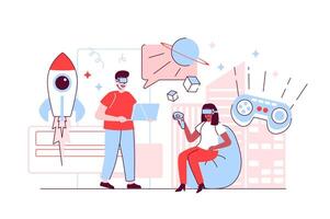 Metaverse concept in flat line design. Man and woman using virtual reality headset for learning, gaming. Futuristic innovation for entertainment. illustration with outline people scene for web vector