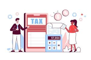 Mobile Tax filing concept in flat line design. Man and woman file tax return, declare income and maintain financial statements using mobile app. illustration with outline people scene for web vector