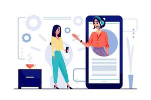 Virtual assistant concept in flat cartoon design. Woman calling to support center to solve problem, operator consults client and answers questions. illustration with people scene for web vector