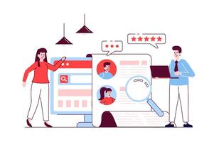 Recruitment concept in flat line design. Man and woman looking for best candidate and reviewing resumes of applicants for vacancy in HR agency. illustration with outline people scene for web vector