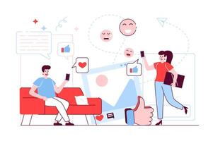 Social network concept in flat line design. Man and woman users browsing news feed, share posts, get likes and reactions, communicate online. illustration with outline people scene for web vector