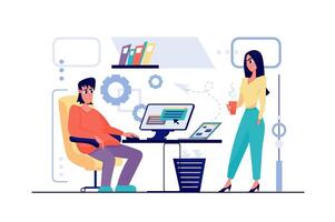 Freelance working concept in flat cartoon design. Man and woman perform work tasks from home, communicate with team online using computer or laptop. illustration with people scene for web vector