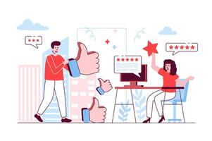 Best feedback concept in flat line design. Man and woman giving consumer feedbacks, living customer reviews at websites, satisfaction level. illustration with outline people scene for web vector