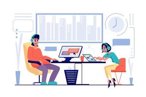 Customer service concept in flat cartoon design. Men and woman in headset work at hotline. Operators answer for clients calling and solving problems. illustration with people scene for web vector