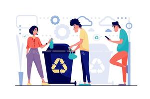 residuos reciclaje concepto en plano dibujos animados diseño. hombres y mujer coleccionar, clasificación y separar basura dentro papeleras ecología gestión, ambiental cuidado. ilustración con personas escena para web vector