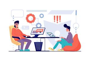 Cyber security concept in flat cartoon design. Men work in technical support, solve user problems, provide protection against viruses, save personal data. illustration with people scene for web vector