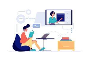 Distance learning concept in flat cartoon design. Student reads textbook, listens to lecture on laptop. Teacher explains lesson to pupil by call. illustration with people scene for web vector