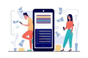 Mobile banking concept in flat cartoon design. Man and woman use bank service in smartphone app, make money transfers, exchange, transaction, payment. illustration with people scene for web vector