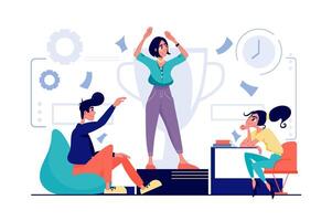 Business award concept in flat cartoon design. Colleagues celebrating victory at office and achieving goals, successfully completing work task together. illustration with people scene for web vector