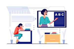 School children learning concept in flat cartoon design. Boy listens to teacher at lesson, studying in classroom. Distance learning and online education. illustration with people scene for web vector