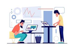 Benchmarking concept in flat cartoon design. Colleagues analyze data and statistics of competitors, making market research and develop business strategy. illustration with people scene for web vector