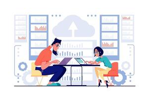 Data center concept in flat cartoon design. Man and woman working in server room, maintain hardware, administer, processing and monitor processes. illustration with people scene for web vector