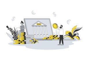 Banking and finance concept in flat line design. People use online banking services, manage financial balance, accumulate savings and invest money. illustration with outline scene for web vector