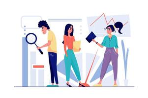 Data analysis concept in flat cartoon design. Man and woman researching charts and graphs, analyze financial statistics and in report, budget accounting. illustration with people scene for web vector