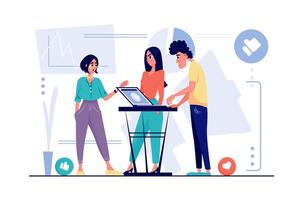 Marketing concept in flat cartoon design. Man and women create promotion strategy, advertise business, create content, analyze news, attract customers. illustration with people scene for web vector