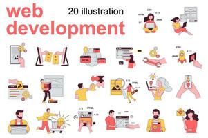 Web development concept with people scenes set in flat design. Men and women coding, optimization sites, create layout interface, analyzing data. illustration visual stories collection for web vector