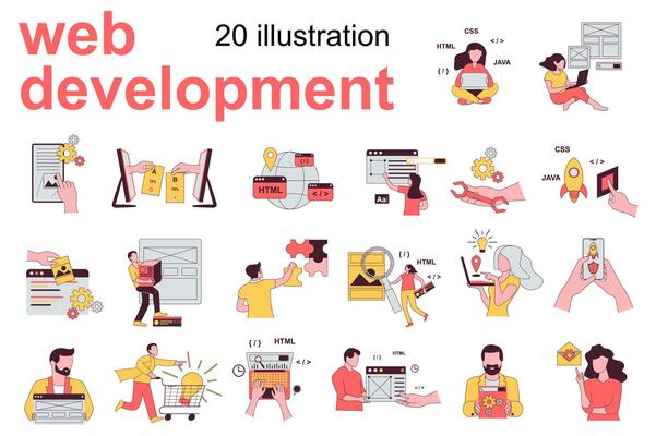 Web development concept with people scenes set in flat design. Men and women coding, optimization sites, create layout interface, analyzing data. illustration visual stories collection for web