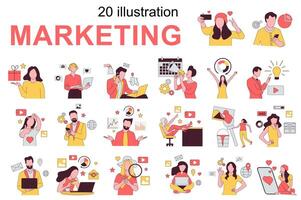 márketing concepto con personas escenas conjunto en plano diseño. hombres y mujer crear foto y contenido, destino en social medios de comunicación, promover blogs ilustración visual cuentos colección para web vector