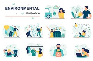 ambiental concepto con personas escenas conjunto en plano diseño. hombres y mujer coleccionar, separando y reciclaje basura, cero desperdiciar, verde energía. ilustración visual cuentos colección para web vector