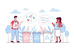 Waste management concept in flat line design. Man and woman collect garbage and separate it into bins for organic, glass, metal, paper, plastic. illustration with outline people scene for web vector