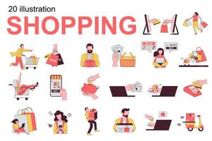 compras concepto con personas escenas conjunto en plano diseño. hombres y mujer escoger bienes, hacer compras a ventas, pagar en línea y a revisa y otro. ilustración visual cuentos colección para web vector