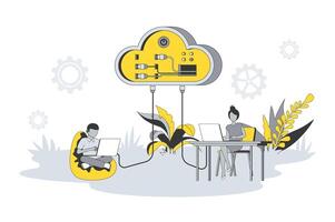 Cloud computing concept in flat line design. People upload files to cloud storage, processing data, create backups, using database and hosting server. illustration with outline scene for web vector