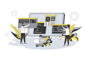 Computer programming concept in flat line design. People create software, write code and scripts, work with programming languages, product optimization. illustration with outline scene for web vector