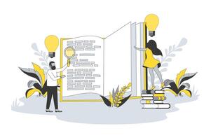 Knowledge and thinking concept in flat line design. People read books and textbooks, generate ideas, gain skills, improve intelligence and cognition. illustration with outline scene for web vector