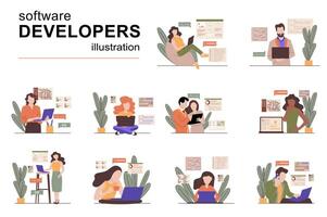 Software developers concept with people scenes set in flat design. Men and women creating programs and apps, coding, programming, testing product. illustration visual stories collection for web vector