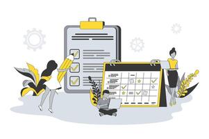 Planning and time management concept in flat line design. People schedule appointments on calendar, mark completed tasks on list and organize workflow. illustration with outline scene for web vector