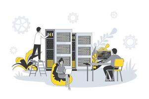 Data center concept in flat line design. People work in technical support in server room racks, maintain hardware, administer and monitor processes. illustration with outline scene for web vector