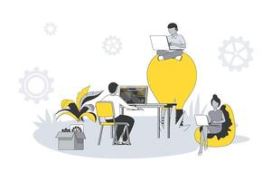 Coworking office concept in flat line design. People working on laptops and computers, communicate, generate ideas and brainstorming in open space. illustration with outline scene for web vector