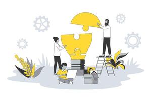 Teamwork and brainstorming concept in flat line design. People generating new ideas, brainstorming, developing, collaborating and working together. illustration with outline scene for web vector