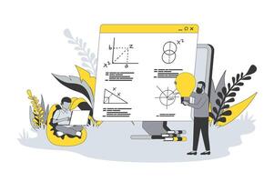 en línea educación concepto en plano línea diseño. personas aprendizaje en línea lecciones y reloj seminarios web, estudiar de forma remota, mejorar profesional habilidades a capacitación. ilustración con contorno escena para web vector