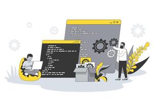 software desarrollo concepto en plano línea diseño. personas escribir código, ajustes y pruebas, desarrollando programas y aplicaciones, trabajando a eso industria. ilustración con contorno escena para web vector