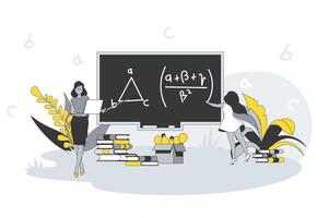 Teaching and education concept in flat line design. People studying, tutors and coaches explain lesson and showing on blackboard and students learning. illustration with outline scene for web vector