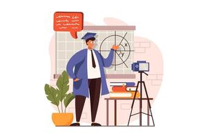 Online education web concept in flat design. Teacher explains lesson near blackboard, recording webinar at camera, prepares for educational platform. illustration with people scene vector