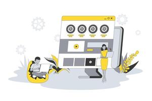 Web development concept in flat line design. People develop site layout, optimization, place blocks with content and buttons, work in team at studio. illustration with outline scene for web vector