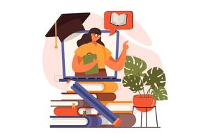 Online education web concept in flat design. Teacher teaches remotely. Online library, e-learning on educational platform, graduation and getting diploma. illustration with people scene vector