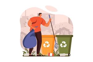 People collecting garbage web concept in flat design. Man gathering waste in bag, sorting trash into recycling bins. Volunteer cleaning nature from rubbish. illustration with characters scene vector