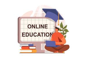 en línea educación web concepto en plano diseño. estudiante estudios remotamente utilizando computadora portátil, lee libros de texto y toma exámenes, relojes videos y ganancias conocimiento en línea. ilustración con personas escena vector