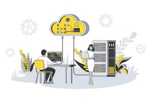 Web hosting concept in flat line design. People working at data center server, using cloud technology, administration, repair software and tech support. illustration with outline scene for web vector