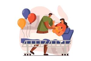 recién nacido niño en joven familia web concepto en plano diseño. contento mamá participación infantil mientras papá con globos soportes en maternidad pabellón. padre y madre con niño. ilustración con personas escena vector