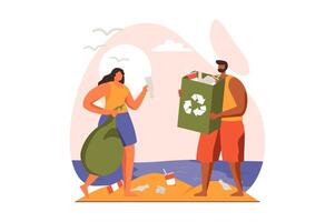 personas coleccionar basura web concepto en plano diseño. hombre y mujer reunión el plastico residuos en pantalones en playa, clasificación basura dentro contenedores para reciclaje. ilustración con caracteres escena vector