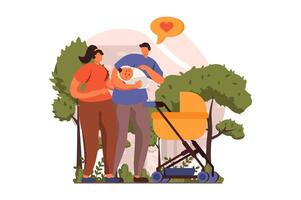 recién nacido niño en joven familia web concepto en plano diseño. contento papá y mamá caminando con infantil en cuna. padre y madre pasatiempo con pequeño niño en ciudad parque. ilustración con personas escena vector