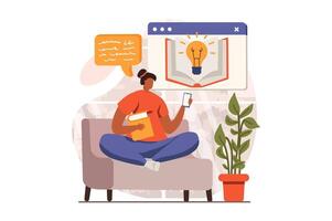 en línea educación web concepto en plano diseño. mujer estudiante estudios remotamente utilizando teléfono inteligente, lee libros de texto y toma exámenes, ganancias conocimiento en línea a aplicaciones ilustración con personas escena vector