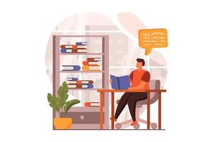 People reading book web concept in flat design. Student studies from textbook and prepares for exam while sitting at table in library. School education. illustration with characters scene vector