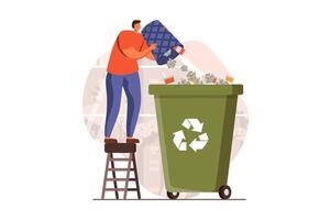 People collecting garbage web concept in flat design. Man gathering waste and throwing trash in recycling container. Eco activism and environmental protect. illustration with characters scene vector