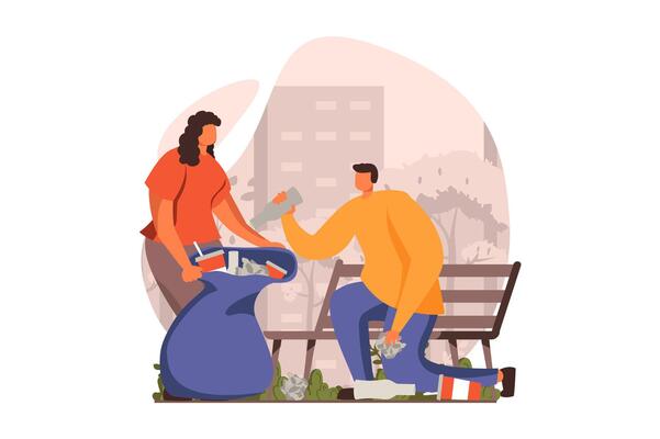 People collecting garbage web concept in flat design. Woman and man gathering waste in bag and cleaning city park. Eco activism and environmental protect. illustration with characters scene