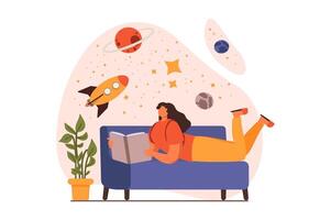 People reading book web concept in flat design. Woman reading popular science book about space while lying on sofa. Student studying textbook at home. illustration with characters scene vector